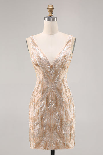Sparkly Champagne Bodycon Beaded Homecoming Dress with Sequins